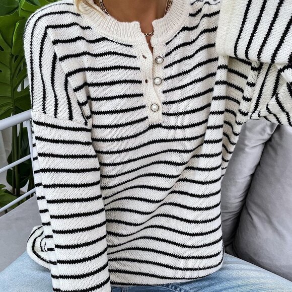 Black and White Preppy Womens Striped Drop Shoulder Button Front Sweater - Picture 5 of 5